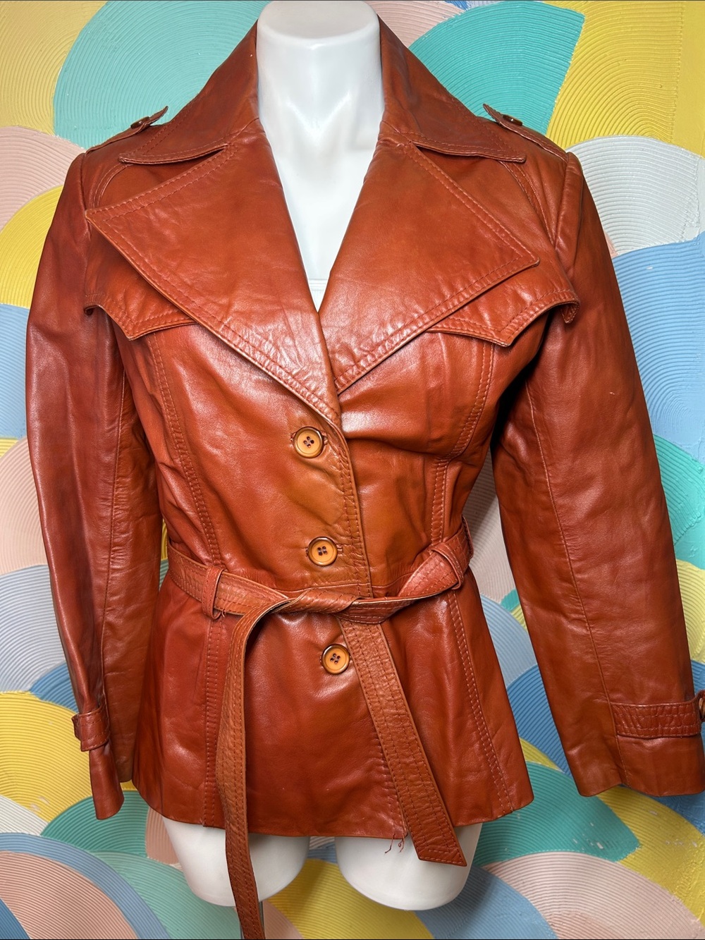Vintage 70s  Rust Brown 100% Leather Belted Jacket made Taiwan